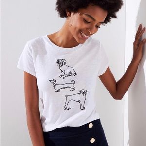 LOFT white T-shirt with puppy dogs on it.